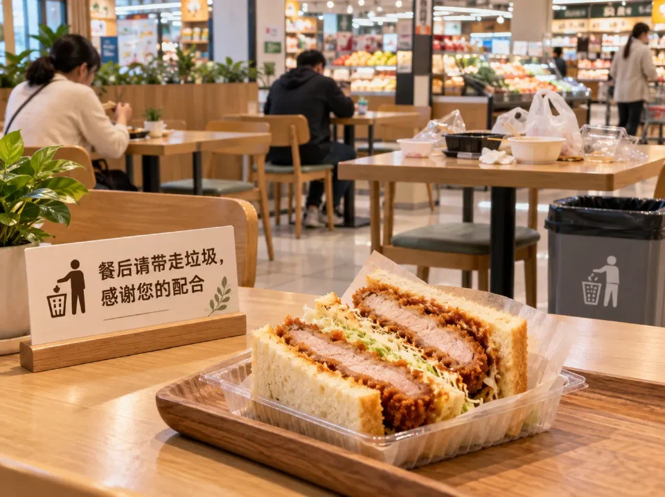 超市堂食区里,一份日式猪扒三明治摆在餐桌上,周围是整洁明亮的门店就餐环境